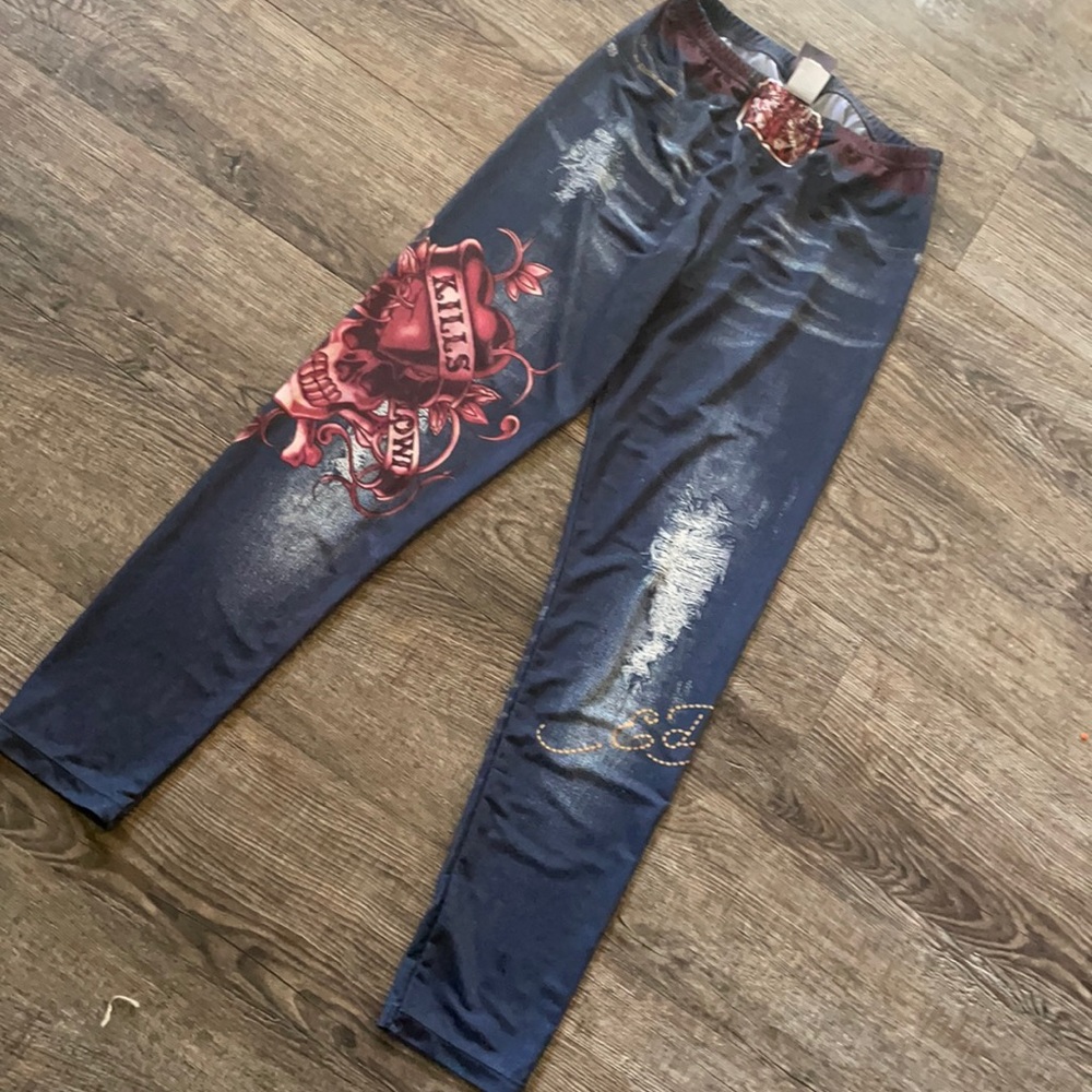 EUC Vintage Ed Hardy faux denim leggings XS
